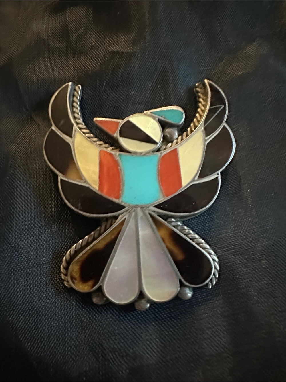 Handmade and Signed Multicolor Inlay Thunderbird Brooch - Women Jewelry